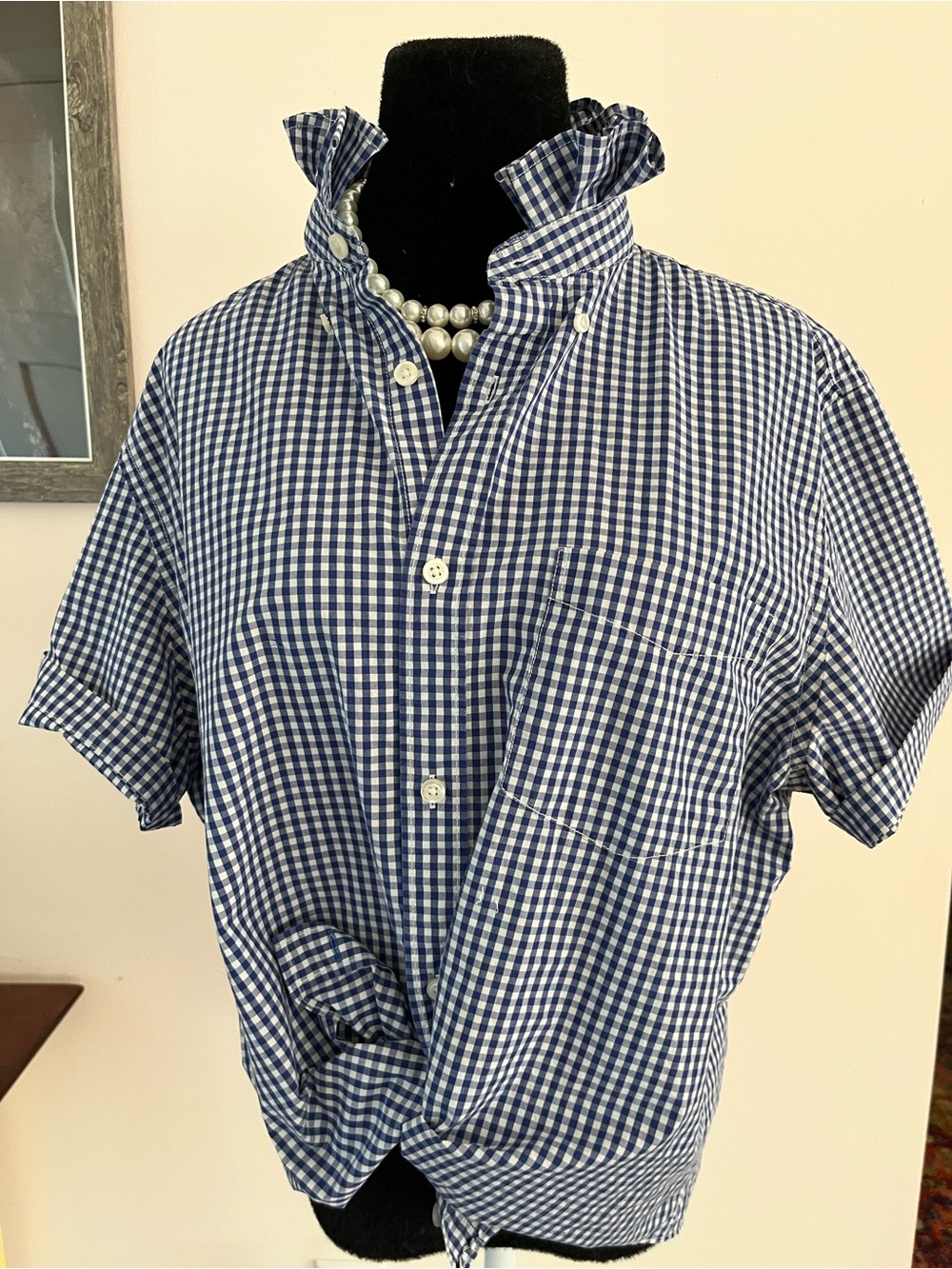 Upcycled GAP Blue & White Gingham Button-Down Shirt Ruffle Collar